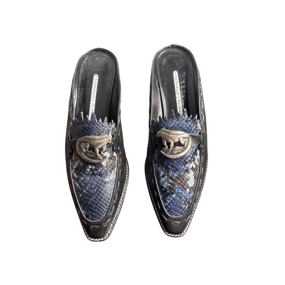 Donald J. Pliner Blue Snake Embossed Leather Mules Adorned with Iguana 7 - Picture 1 of 7